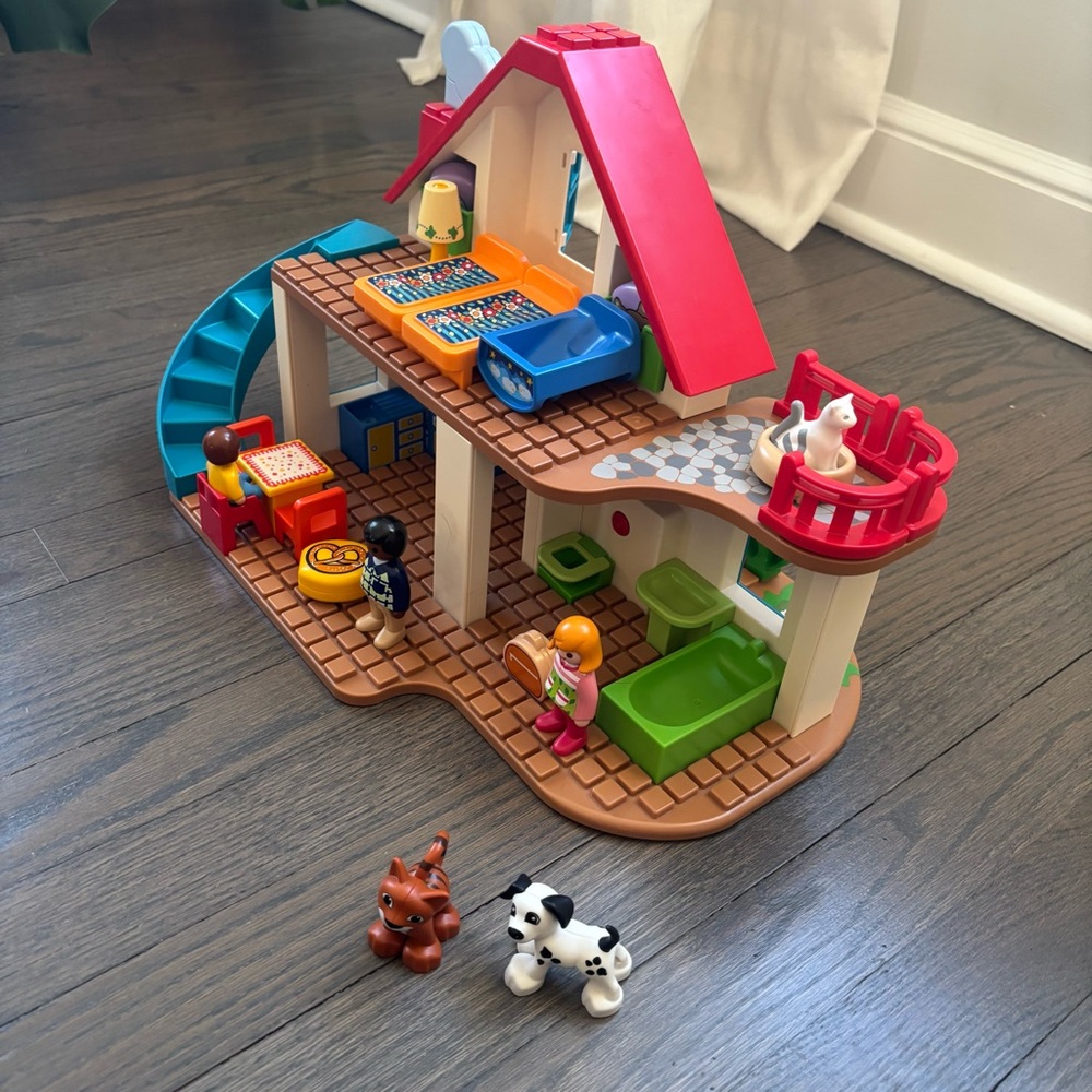 Colorful Kids Dollhouse Playset with Blue Staircase and Red Roof - Picture 3 of 6